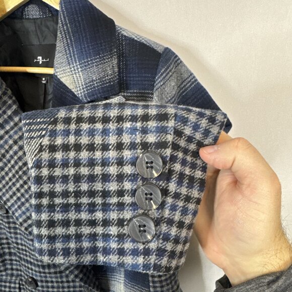 7 For All Mankind Women’s M Double Breasted Plaid Blazer Blue Gray Wool Blend - Picture 2 of 8